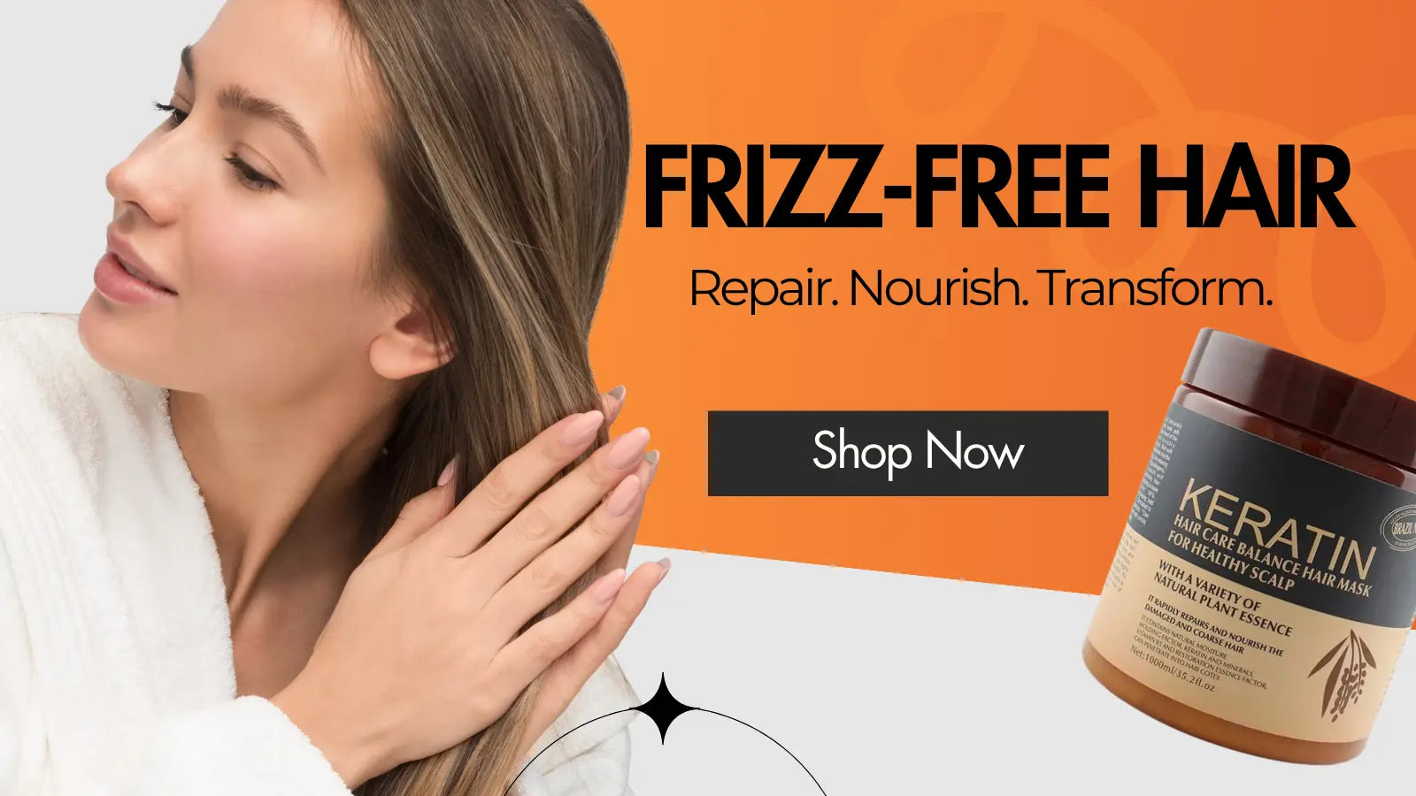 Advertisement for Keratin hair product with a woman touching her hair and an orange background.
